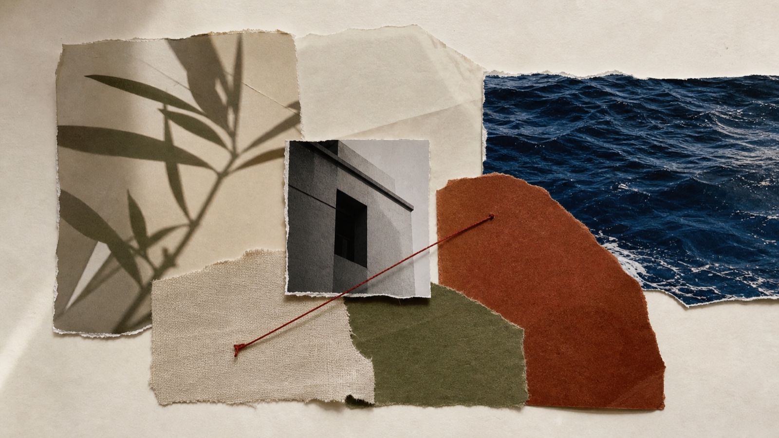 Tactile editorial collage with botanical shadows, architecture, ocean and torn paper